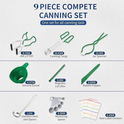 Canning Supplies Starter Kit,Canning Kit for Beginners of 9 with Jar Lifter，Wide Mouth Funnel,Wrench,Tongs,Lid Lifter,Bubble Popper,Canning Labels,ladle,Measuring spoon-Deep Green - color: X9-Green