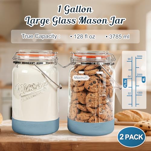 2 Packs 1 Gallon Glass Jars with Airtight Lids, Wide Mouth Mason Jars with Clip Top & Stainless Steel Handle & Silicone Base, Glass Storage Containers for Kitchen Storage, Pickling-Dual Scale - size: 1 Gallon/Glass Lid