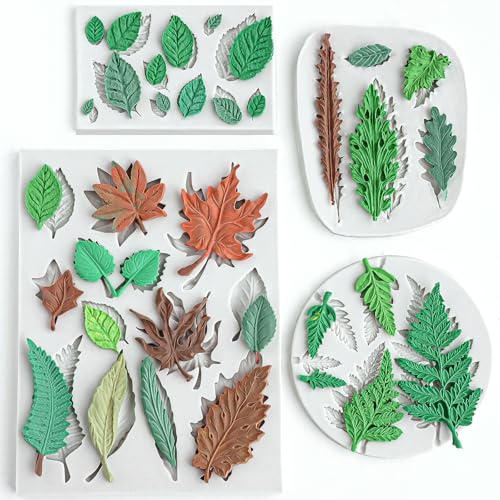 HKNMTT Leaf Fondant Silicone Mold Small Maple Shapes, 34 Cavity Tree Fern Leaves Rose Flower for Cake Cupcake Topper Craft Decorating Sugar Candy Clay Plant Moulds DIY BPA Free - style: Leaf - 4PCS