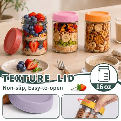16 oz Mason Jars, 6 Pack Air Tight Overnight Oats Jars, Chia Pudding Glass Jars with Lids, Parfait Cups with Lids, Sugar Bowls, Glass Storage Jar for Yogurt, Snack, Food, Prep Meal, Breakfast - color: Berry Bloom
