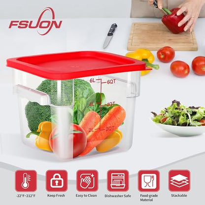 4 Pack 6 Qt Square Polycarbonate Food Storage Containers with Lids | Clear BPA-free PC with lids, side handles, measurement scale and stackable design; for food prep, storage and freezer use. - color: 6Qt