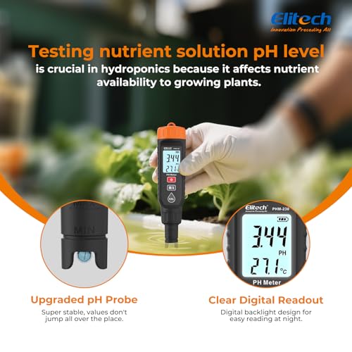Elitech PHM-230 Professional pH Pen Meter – Digital Tester for pH & Temperature in Hydroponics, Growing Solutions, Drinking Water with ATC & Full Calibration Kit (0.00–14.00) for Plant Health