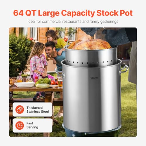 VEVOR Stainless Steel Stockpot, 64 Quart Large Cooking Pots, Cookware Sauce Pot with Basket, Lid, and Handle, Heavy Duty Commercial Grade Stock Pot, Sanding Treatment, for Large Groups Events Silver - size: 63.9 Quarts