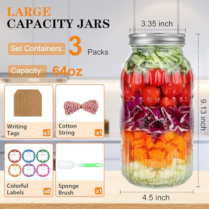 HINGWAH Wide Mouth Mason Jars 64 oz, 3 Pack Large Half Gallon Mason Jars with Airtight Lids and Bands, Clear Glass Canning Jars for Preserving, Pickling, Fermenting, Meal Prep & DIY Crafts (Sunflower) - size: 64oz- 3pack