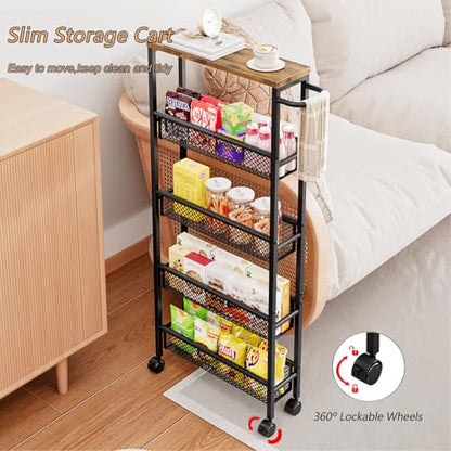 AZERPIAN Slim Rolling Cart 5 Tier Narrow Storage Cart on Wheels with MDF Board Top and Metal Handle for Small Space Kitchen Living Room Home Office Pantry Bathroom Laundry (16.38 x 5.12 x 39.17 inch) - size: 16.38 x 5.12 x 39.17 inch