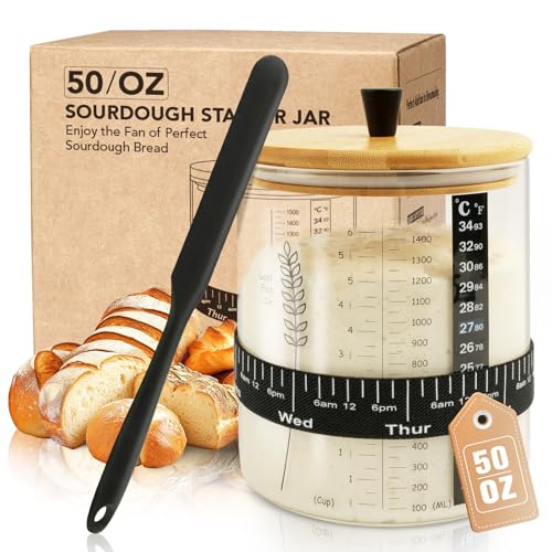 50oz Sourdough Starter Jar, Wide Mouth Sourdough Jar, Large Capacity Sourdough Bread Starter Kit with Lid, Band, Date Tracker, Temp, Sourdough Starter Kit for Sour Dough (1 Pack) - size: 50 Ounce (Pack of 1)