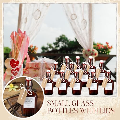 12 Set Swing Top Glass Flask Homemade Vanilla Extract Bottles with Stoppers Stickers Jar Brush Funnel Rope Labels Bottle for Holiday DIY Crafts Christmas Wedding Gifts (Amber,16.6oz) - size: 16.6oz