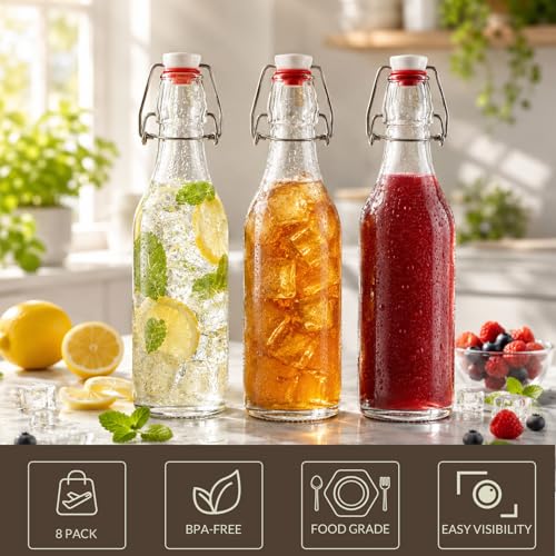 Swing Top Glass Bottles 8 oz with Flip Airtight Lids,8 Pack | Glass Brewing Bottles with Rubber Seal Stopper Caps for Kombucha, Beverages, Oil, Vinegar, Water, Juice