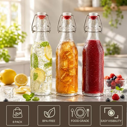 Swing Top Glass Bottles 8 oz with Flip Airtight Lids,8 Pack | Glass Brewing Bottles with Rubber Seal Stopper Caps for Kombucha, Beverages, Oil, Vinegar, Water, Juice