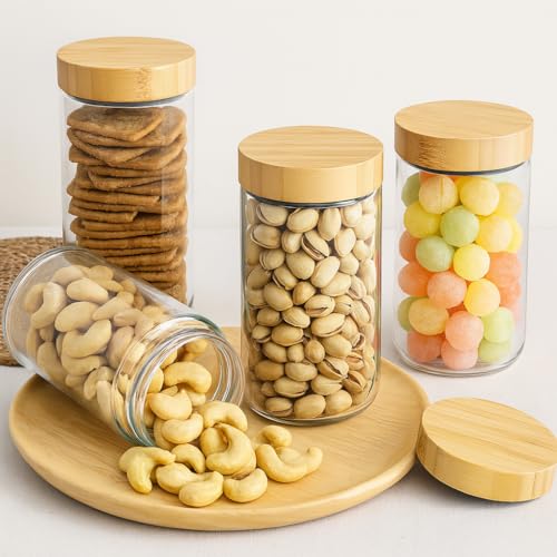 TBWIND 4 Pack 24oz Glass Jars with Bamboo Lids, Spoons, Airtight Overnight Oats Containers, Wide Mouth Mason Jars, Food Storage Container for Yogurt Salad Snacks Spice Sugar Meal Prep – Reusable - color: 24oz-Natural Lids-4 Spoon