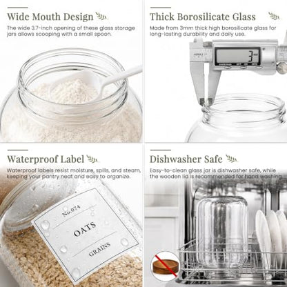 CONNOO 2PCS Flour Sugar Storage Containers Large Glass Food Storage Jars with Airtight Acacia Wood Lids Including 120 Labels Easy-Scooping Design for Flour Sugar Rice and Dry Foods (1 Gallon 135 oz) - color: cylindrical/135oz/2pcs