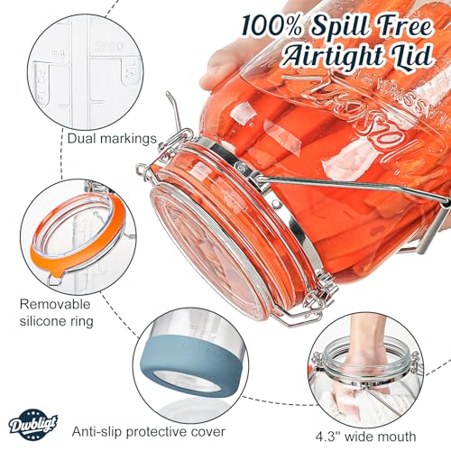 2 Packs 1 Gallon Glass Jars with Airtight Lids, Wide Mouth Mason Jars with Clip Top & Stainless Steel Handle & Silicone Base, Glass Storage Containers for Kitchen Storage, Pickling-Dual Scale - size: 1 Gallon/Glass Lid