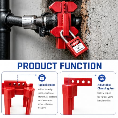 Ball Valve Lockout Device, Adjustable Small Red | 1/2"-2-1/2" Outside Pipe Diameter, Outdoor Water Spigot & Industrial Faucet, Handle Pipeline Locking