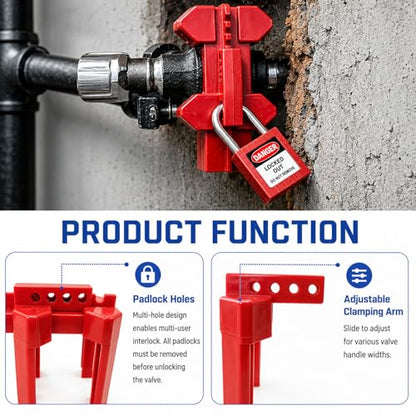 Ball Valve Lockout Device, Adjustable Small Red | 1/2"-2-1/2" Outside Pipe Diameter, Outdoor Water Spigot & Industrial Faucet, Handle Pipeline Locking