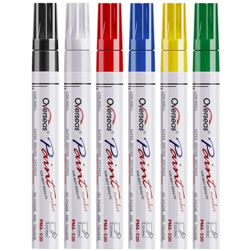 Overseas Paint Pens Paint Markers, 6 Colors Oil Based Permanent Markers | Medium Tip, Waterproof, Quick Dry, Fade Resistant, Assorted Colors Marker Pen for Metal, Rock, Wood, Rubber, Plastic, Glass