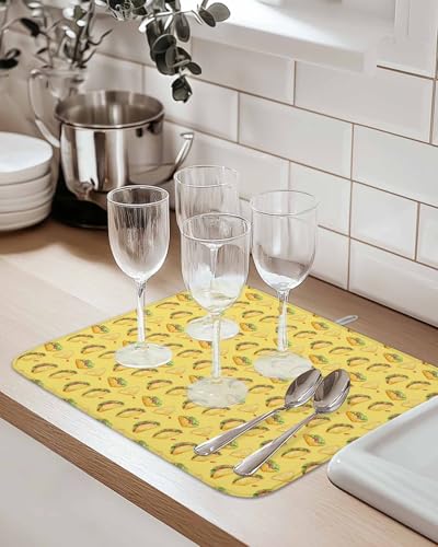 Yellow Tacos Dish Drying Mat, Cheese Vegetables Cartoon Food Absorbent Dish Drying Matt Pad for Kitchen Countertops, Sinks, Dish Drainer Racks, Large 18x24in 2PCS - size: 18x24in 2PCS