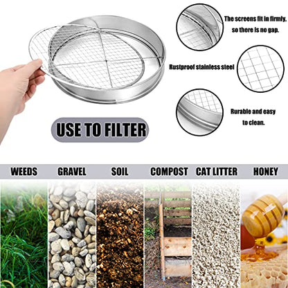 Bonuci 10 Pcs 12 Inch Soil Sieve Stainless Steel Sieve Set Garden Soil Sifter Potting Mix Sifter with 8 Interchangeable Filter Mesh 2, 3, 5, 6, 7, 9, 10, 12 mm and Shovel for Garden Compost(Silver)
