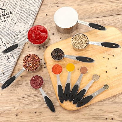 Accmor 11 Piece Metal Measuring Spoons Cups Set, Premium Stainless Steel Stackable Tablespoons Measurement kit, Kitchen Gadgets Cups and Spoon for Dry Liquid Ingredients Cooking Baking (Black Handle) - color: Silver/Black Handle