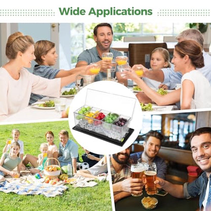 Chilled Condiment Server with Lid, 5-Compartment Plastic Food Storage Container with Drain Holes, Ice Box for Fruits with Cup Coaster, 2 Clips & 6 Fork Spoons, 16.1 x 6.4 x 5.7 in, Transparent