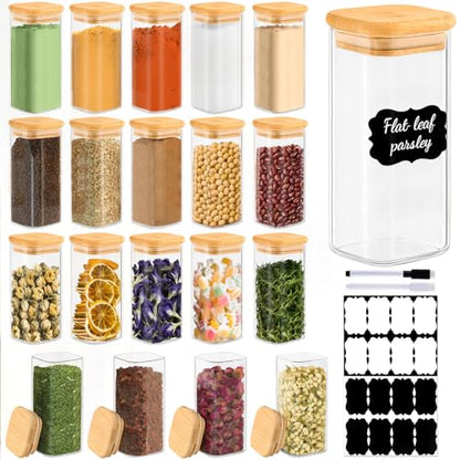 TBWIND 20 Pack 10 oz Square Glass Spice Jars with Lids and Labels – Airtight Small Spice Containers Set, Clear Glass Storage Jars for Seasoning, Spices, Kitchen Pantry Organization - color: Square/10oz/20pcs
