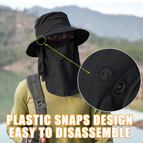 Sun Hats for Men Women Fishing Hat UPF 50+ Breathable Wide Brim Summer UV Protection Hat - color: Black(with Face Cover & Neck Flap )
