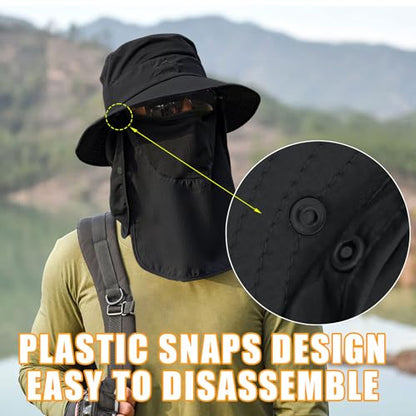Sun Hats for Men Women Fishing Hat UPF 50+ Breathable Wide Brim Summer UV Protection Hat - color: Black(with Face Cover & Neck Flap )