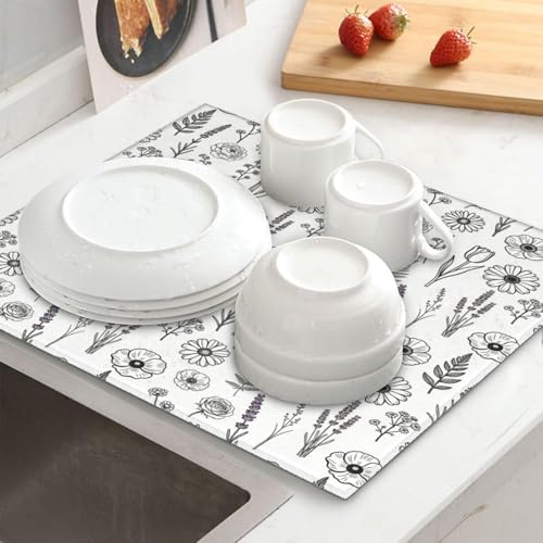 Black and White Floral Aesthetics Dish Drying Mat, for Kitchen Counter Microfiber Absorbent, Dish Draining Mat Extra Large 18"x24" - color: Black/White