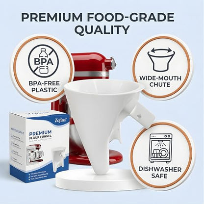 ZOFINA™ Flour Funnel for KitchenAid 6 Qt Bowl-Lift Stand Mixer RKSM60 + Cord Organizer | Mess-Free Pouring Attachment | No-Spill Baking, Food-Grade | Easy Pour & Dishwasher Safe
