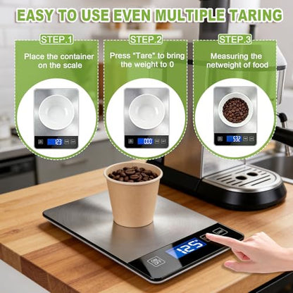 Digital Kitchen Scale, 33lb Food Scale Precisely Measures Grams and Ounces for Baking, Cooking, and Meal Prep, Rechargeable 304 Stainless Steel with LCD Display, Batteries and USB Charging Included - size: 0.1 oz/15kg Battery