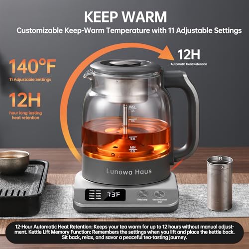 120V Titanium & Glass Electric Tea Kettle, Pro Steam Extraction for All Teas (Green, Black, Oolong), 11 Temp & 10 Strength Levels, 1.2L, 12H Keep Warm, BPA-Free, 1 Infusers - color: Grey with Extraction Tea Infuser