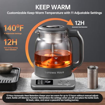 120V Titanium & Glass Electric Tea Kettle, Pro Steam Extraction for All Teas (Green, Black, Oolong), 11 Temp & 10 Strength Levels, 1.2L, 12H Keep Warm, BPA-Free, 1 Infusers - color: Grey with Extraction Tea Infuser
