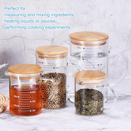 PATIKIL 250ml Glass Measuring Cup, 3.3 Borosilicate Glass Graduated Black Printed Scale Liquid Measure Cups Beaker with Wood Lid and V-Shaped Spout for Kitchen
