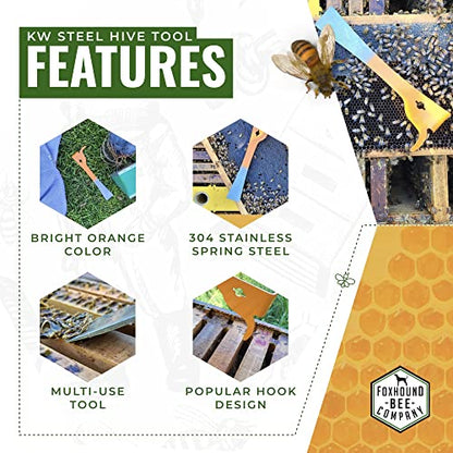 Foxhound Bee Co, Stainless Steel KW Beekeepers Hive Tool with J Hook for Easily Lifting Frames, Straight Edge for Prying Beekeeping Boxes Apart and Curved Edge for Scraping Wax - 2 Pack - style: KW Hive Tool - 2 Pack