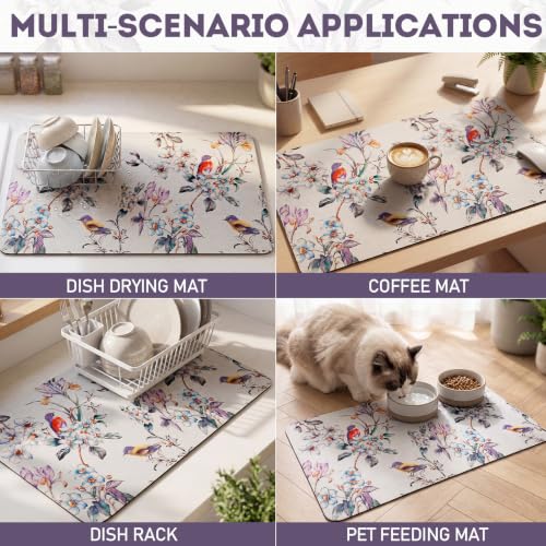 LemonRoad Dish Drying Mat for Kitchen Counter, 12"x20" Absorbent Coffee Bar Mat with Flowers Birds Design, Fast-dry Diatomite Drainer Drying Mats with Non-slip Backing for Kitchen Sink Countertop - style: Flowers and Birds