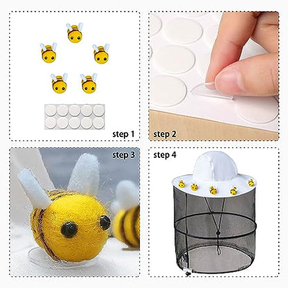 17pcs Beekeeper Set Includes1pc Beekeeper Veil Hat 5pcs Wool Felt Bees 10pcs Round Double Sided Tape 1pc Yellow Felt Bucket for Bee Keeper Catcher Halloween Costume for Adult
