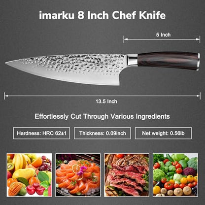 imarku 8 Inch Chef Knife, Hand-Hammered Japanese Kitchen Knife, High Carbon Steel Chef's Knife with Powder Steel Edge, Ultra Sharp Cooking Knife with Ergonomic Handle for Professional & Home Chefs - color: Silver