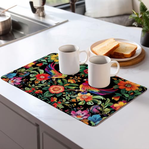 Mexican Flowers Dish Drying Mat for Kitchen Counter Microfiber Super Absorbent Non-Slip Dish Drying Pad for Countertops Dishes Utensils Stylish Quick-Dry Machine Washable 18x24 Inch - color: Mexican Flowers