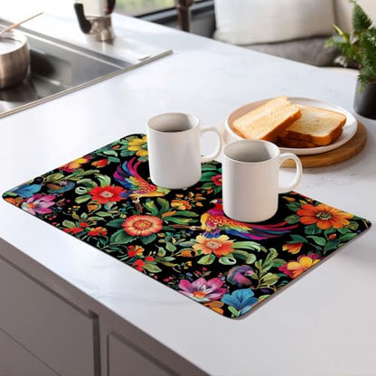 Mexican Flowers Dish Drying Mat for Kitchen Counter Microfiber Super Absorbent Non-Slip Dish Drying Pad for Countertops Dishes Utensils Stylish Quick-Dry Machine Washable 18x24 Inch - color: Mexican Flowers