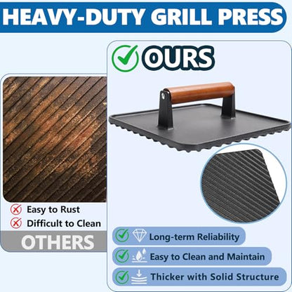 SafBbcue 10" Square Cast Iron Burger Press Smash Burger Griddle Weight Press for Blackstone, Pitboss, Camp Chef Flat Top Grills Accessories, Bacon Press for griddle for Grill Cooking Accessories, 2PCS - style: 10In Press x2