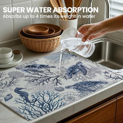 Absorbent Kitchen Dish Drying Mat Quick Dry Heat Resistant Hide Stain for Glasses Coffee Espresso Machines Pots Pans and Dish Racks,18" x 24" Sea Turtle Ocean Blue Pattern - color: Sea Turtle Ocean Blue