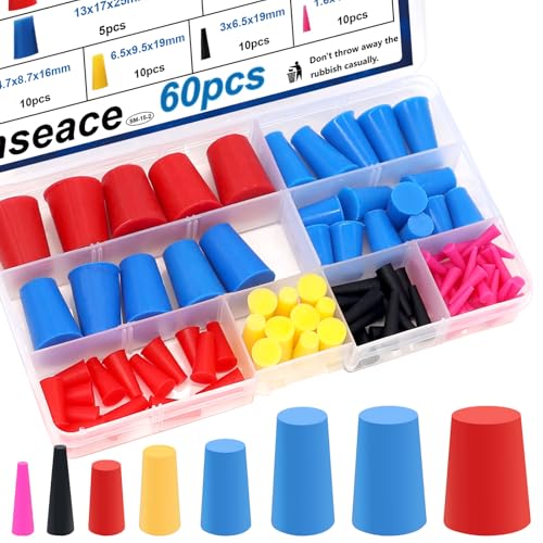 smseace 60Pack Rubber Plug 1/16 Inch to 5/8 Inch Rubber Stoppers 8-Sizes High Temp Silicone Plug for Coating, Round Hole, Painting Protection - size: 60Pcs