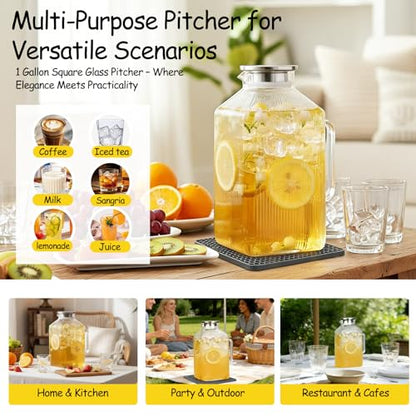 1 Gallon Glass Pitcher with Lid, Square Borosilicate Glass Carafe | Glass Water Pitcher with Handle and Spout for Fridge, Large Jug with Mat for cold & Hot Drinks, Home & Party, Dishwasher Safe