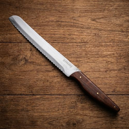 AM Steelcrafts Handmade Premium Artisanal 9 Inch Bread Knife, Serrated Stainless Steel Blade, Ergonomic Dark Wood Handle with Brass Rivets
