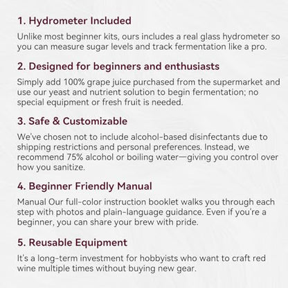 Wine Making Kit Home Brewing - Complete Grape Juice Brew Starter Set for Beginners, 1 Gallon Glass Fermentation Jar with 4 Bottles, Yeast & Nutrients, Siphon, Airlock and Step-By-Step Guide