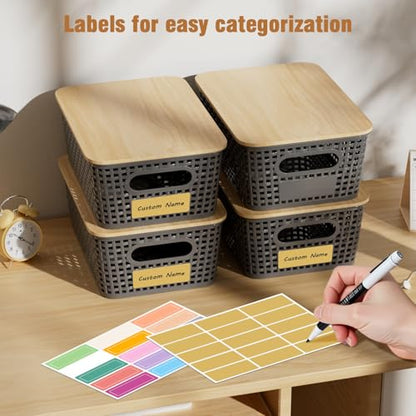 8 Pcs Plastic Storage Bins with Bamboo Lids and Labels 5.29qt Stackable Box Basket Pantry Decorative Containers, Small Storage Baskets for Drawers Organizing Closets Bedrooms Cabinets 10*7.2*4.1" - style: Gray-Bamboo Lid