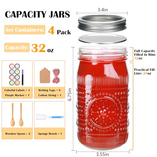 32 oz Wide Mouth Mason Jars with Lids and Bands,Quart Canning Jars for Pickling, Fermenting,Preserving,Large Glass Mason Jars for Jam,Pickling,Meal Prep,DIY Crafts,4 Pack