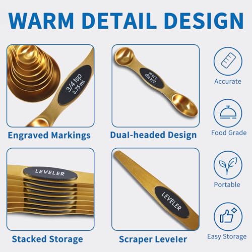 18-Pc Magnetic Measuring Cups and Spoons Set, with Lid, Golden | Includes 1 cover, 9 stackable cups set & 8 magnetic spoons, BPA-free & dishwasher safe, for liquid and dry baking - color: 18 Piece - Gold