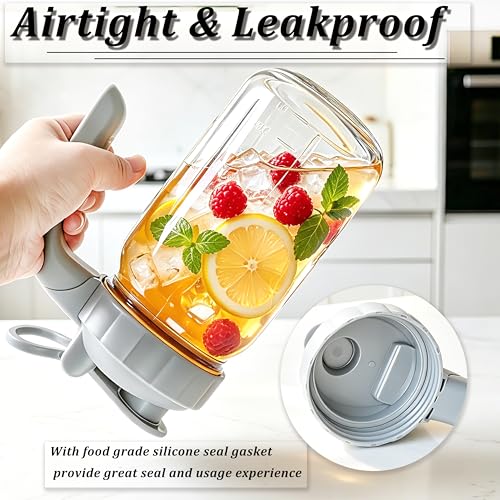 Glass Pitcher With Lid 32 OZ 2 Pack Mason Jar Breast Milk Storage with Pour Spout Airtight & Leakproof 1 Quart Wide Mouth Water Jug With Flip Cap For Cold Brew Coffee Iced Tea Sun Tea Lemonade Juice