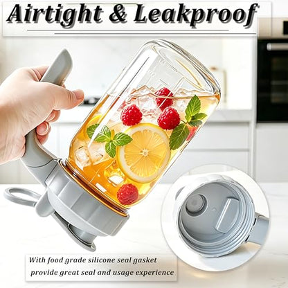Glass Pitcher With Lid 32 OZ 2 Pack Mason Jar Breast Milk Storage with Pour Spout Airtight & Leakproof 1 Quart Wide Mouth Water Jug With Flip Cap For Cold Brew Coffee Iced Tea Sun Tea Lemonade Juice