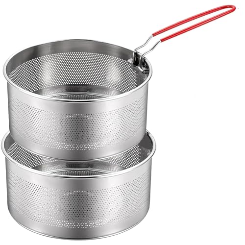 Pasta Strainer Set of 2, Stainless Steel Noodle Strainer, One with a Removable Handle, One without a Handle; Metal Pasta Strainer for Washing, Draining, Deep-frying, Boiling, and Steaming
